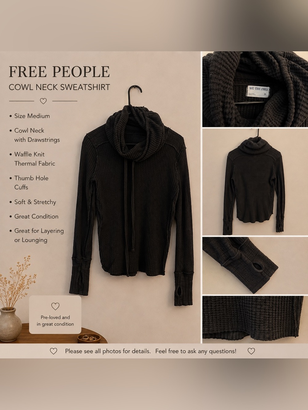 We The Free Black Waffle Cowl-Neck Turtleneck Sweater